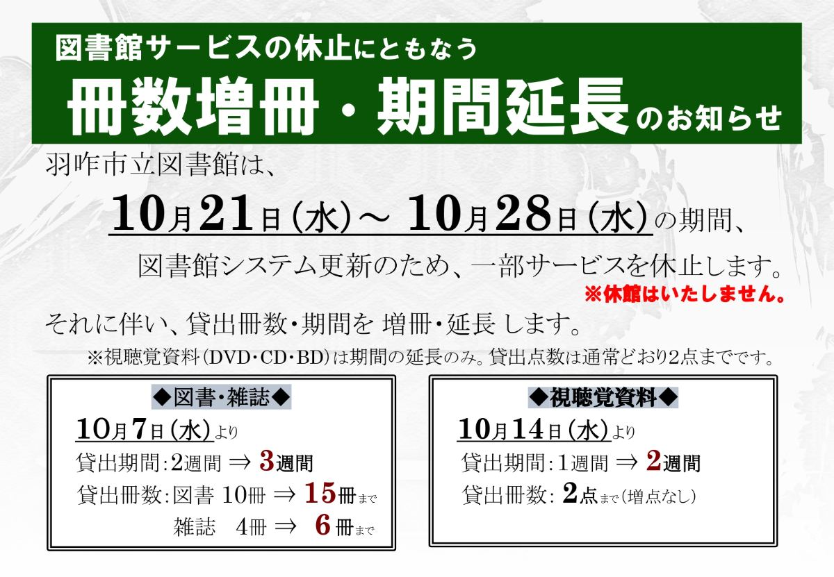 📚 本日から貸出冊数・期間を拡大します！